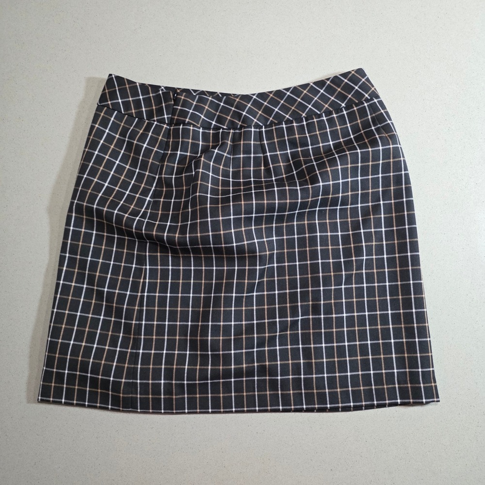 Ann Taylor LOFT Plaid Wool Blend Mini Skirt Black Tan White Grid Size 8